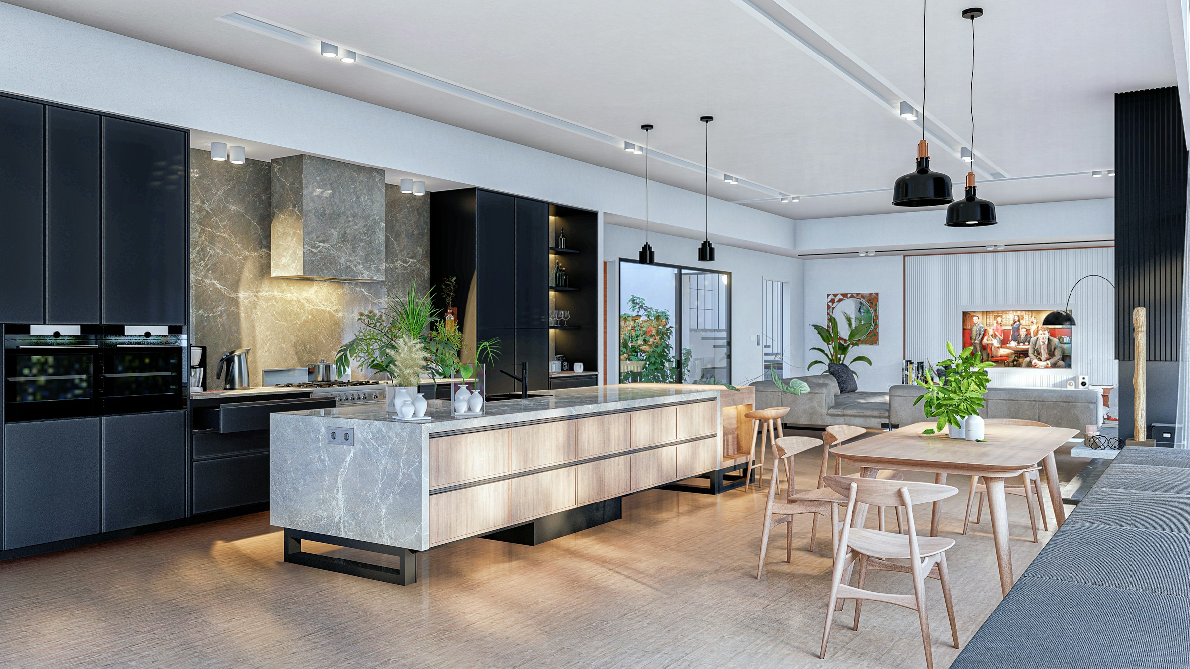 Gourmet kitchen with large center island and eat-in area